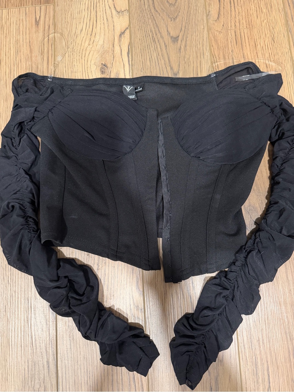 Windsor Black Off-Shoulder Corset Top with Detachable Ruched Sleeves